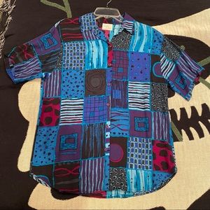 80s Blue Abstract Patterned Button Up Shirt